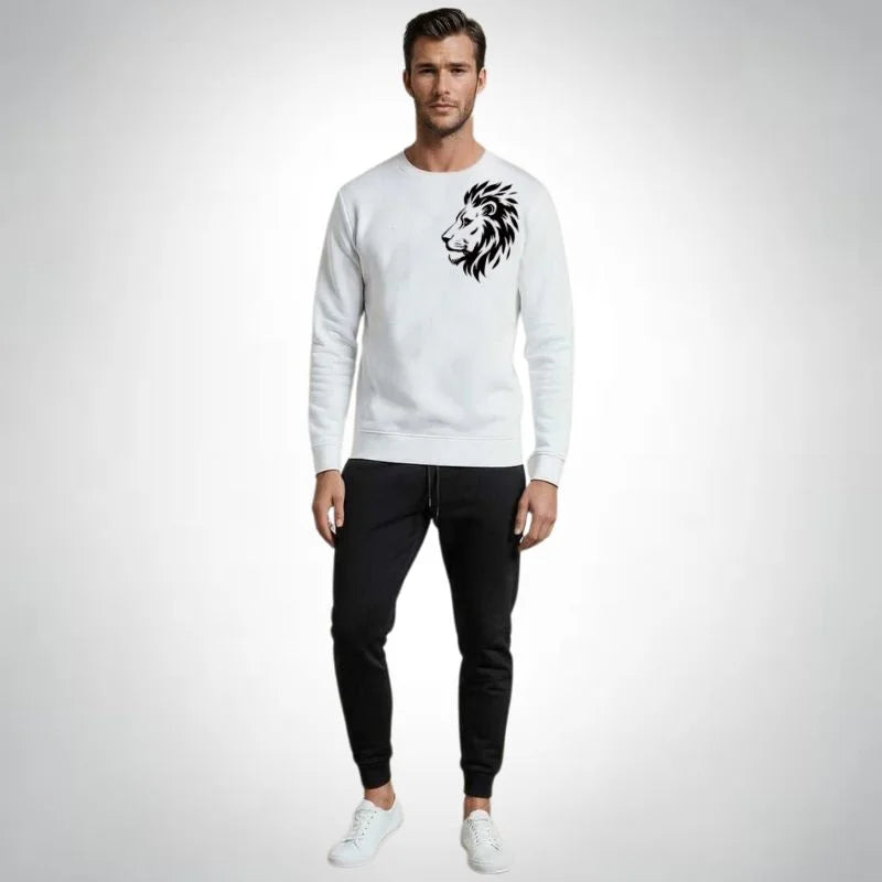 LION Printed White Tracksuit Sweatshirt & Trouser | Warm & Comfortable Winter Wear | XL